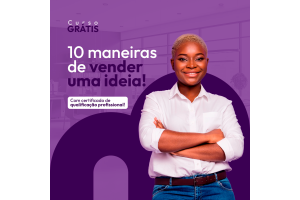 Fundo roxo com o nome do curso grátis e uma muher de braço cruzado e sorriso no rosto.