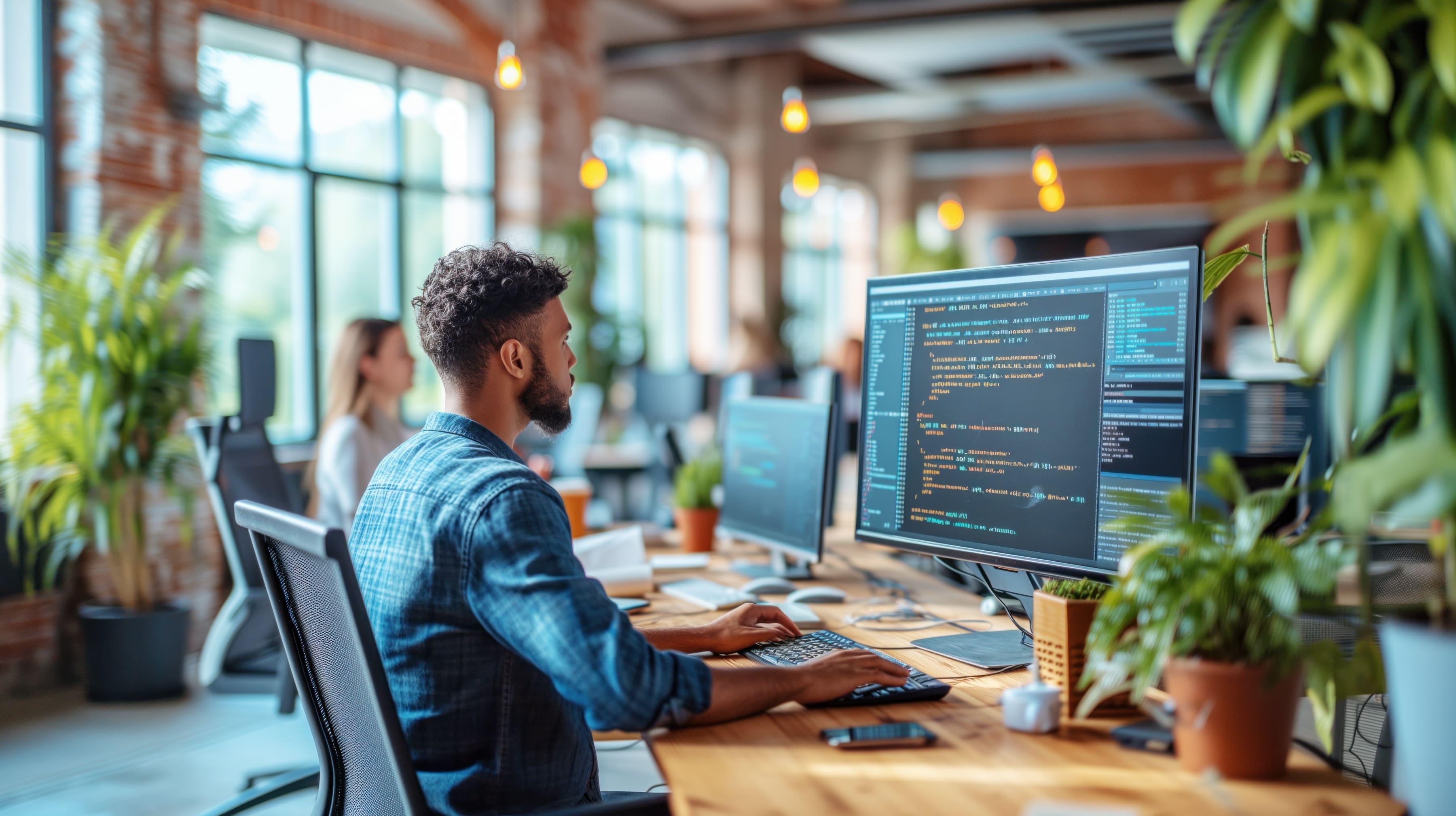 imagem de um homem negro programando em um computador. O ambiente é claro e repleto de plantas.