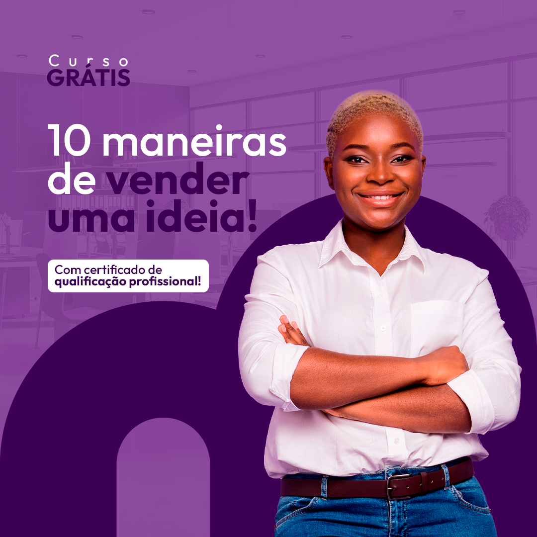 Fundo roxo com o nome do curso grátis e uma muher de braço cruzado e sorriso no rosto.