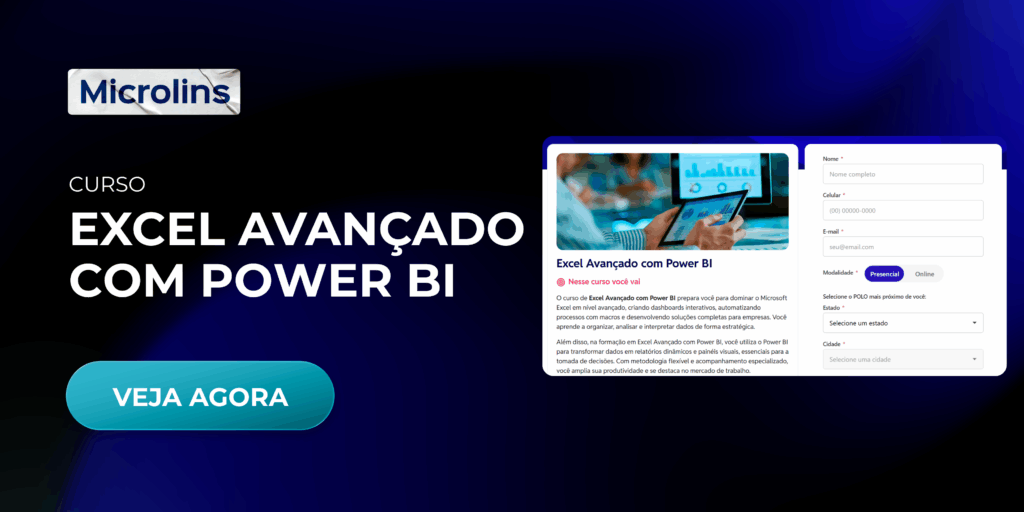 Curso de Excel Avançado com Power BI para análise de dados, criação de dashboards interativos, relatórios gerenciais e Business Intelligence.