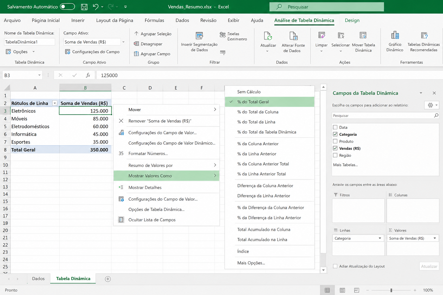 Fórmula de porcentagem no Excel aplicada em Tabela Dinâmica usando a opção Mostrar Valores Como % do Total Geral para análise de vendas.