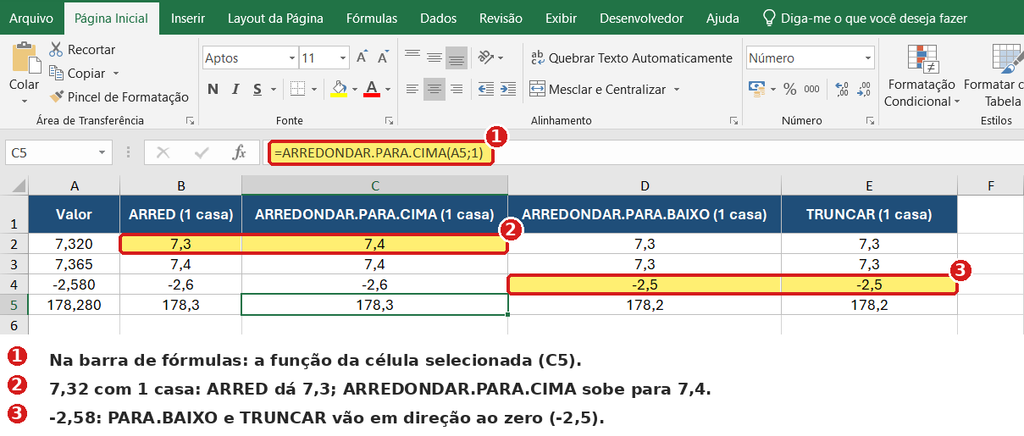 Comparação das fórmulas de arredondamento no Excel lado a lado