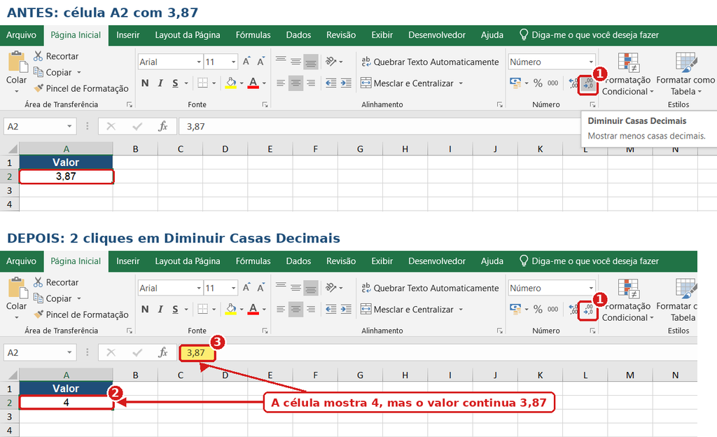 Arredondamento no Excel pelo botão Diminuir Casas Decimais, com o valor original na barra de fórmulas
