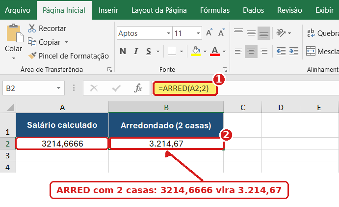 Fórmula de arredondamento no Excel com a função ARRED e duas casas decimais