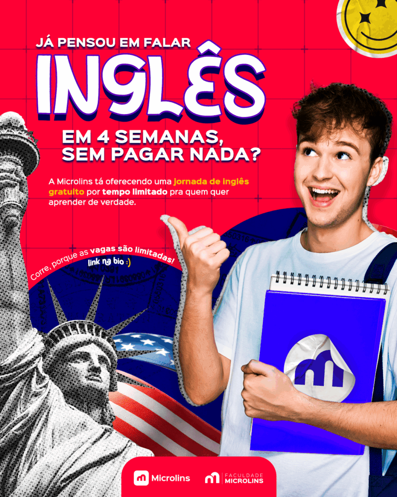 Curso de inglês da Microlins com foco na prática dos tempos verbais em inglês e desenvolvimento da fluência.