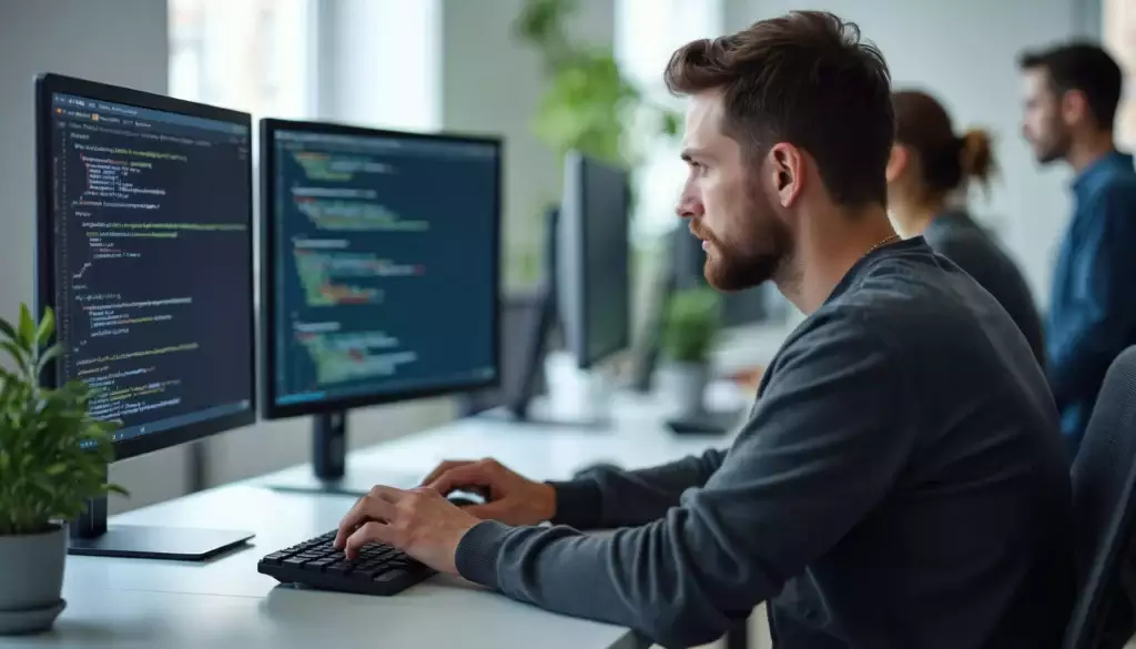 Desenvolvedor de software trabalhando em programação de aplicativos no computador, com múltiplas telas de código ao fundo, em um ambiente moderno de escritório.