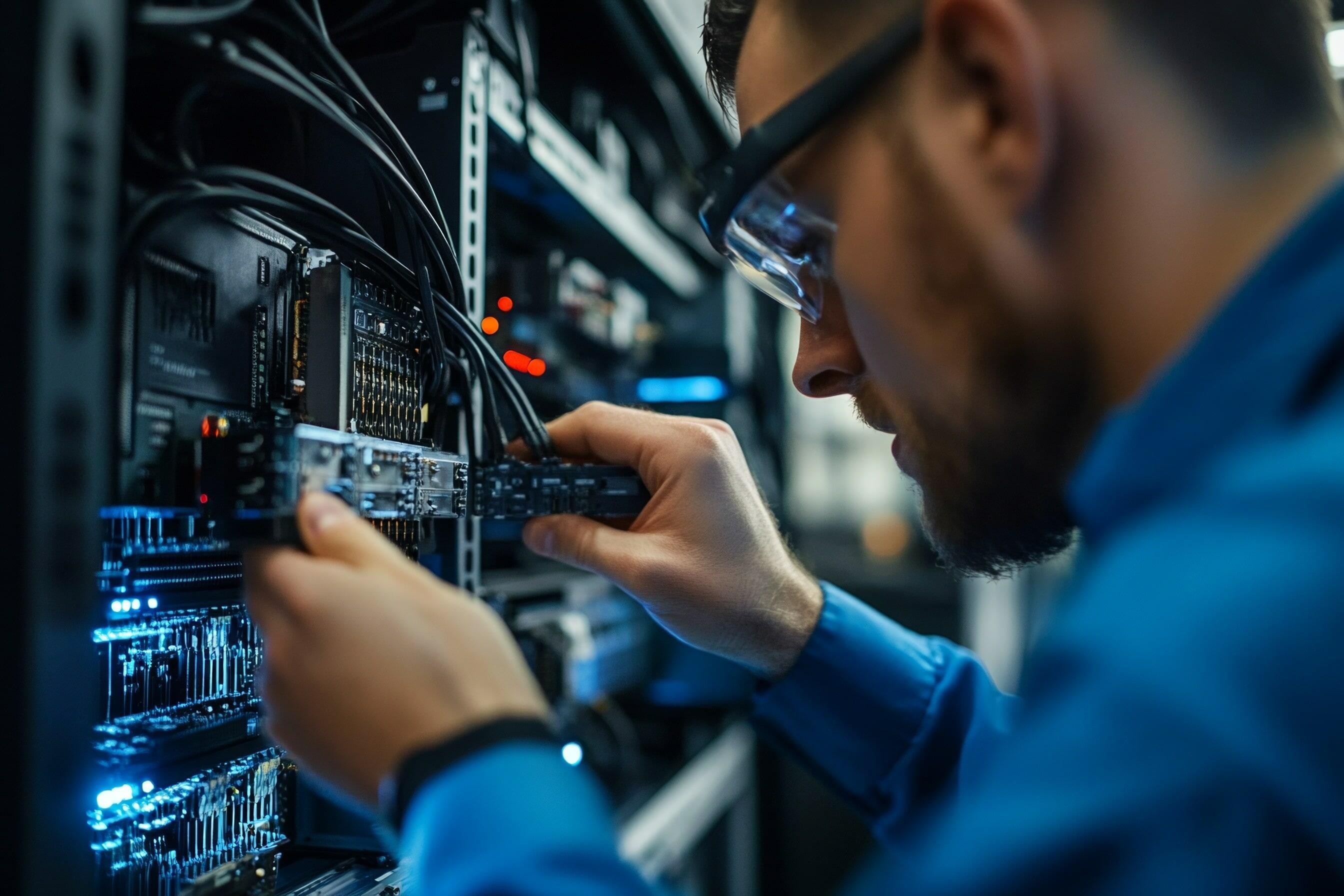 T&eacute;cnico ajustando componentes de hardware em servidor, ilustrando como montagem e manuten&ccedil;&atilde;o fazem parte dos cursos para ganhar dinheiro desde cedo.