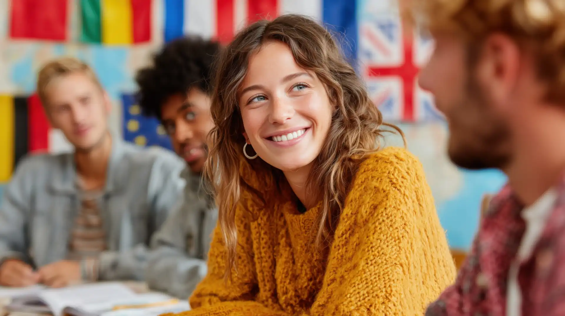 Mulher loira sorridente em sala de aula com estudantes ao redor, promovendo aprendizado de expressões em inglês.