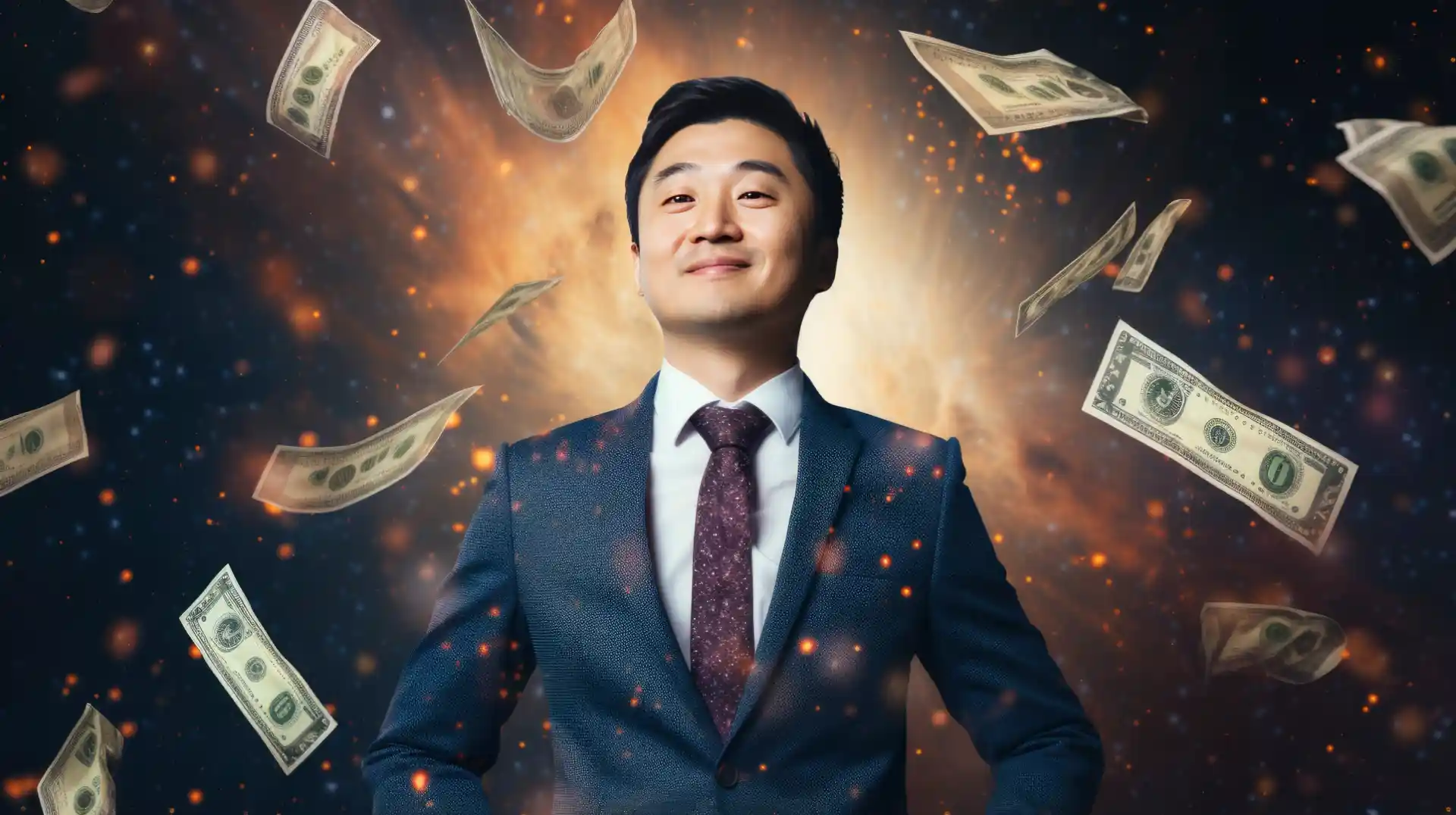 Imagem de um empresário bem-sucedido com dinheiro ao redor, simbolizando o sucesso em empresas bilionárias.