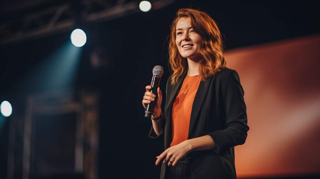 Mulher falando em público em um palco com microfone, demonstrando confiança e boa comunicação durante uma apresentação.