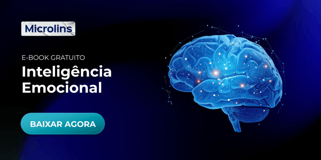 Banner da Microlins promovendo e-book gratuito sobre inteligência emocional, com ilustração de cérebro digital em fundo azul escuro.