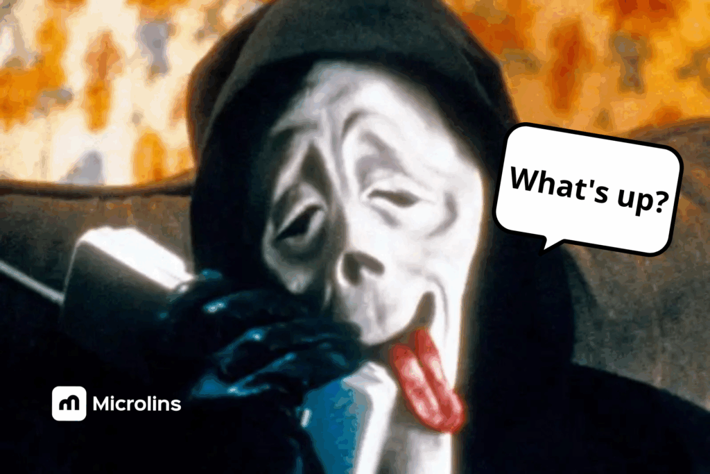 Personagem fantasma perguntando "What's up?" — uma das 30 gírias em inglês mais usadas, com tradução e pronúncia explicadas no guia da Microlins