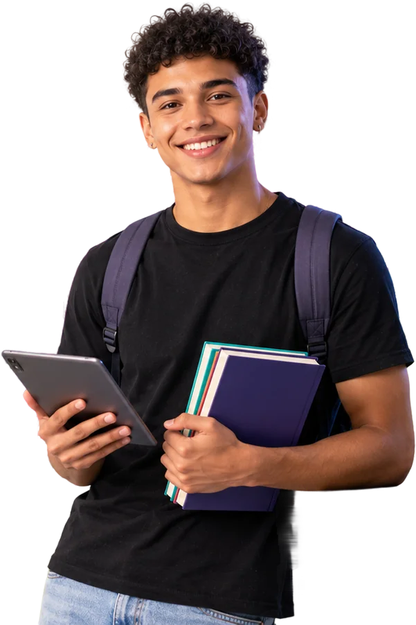 Aluno Microlins com tablet e livros