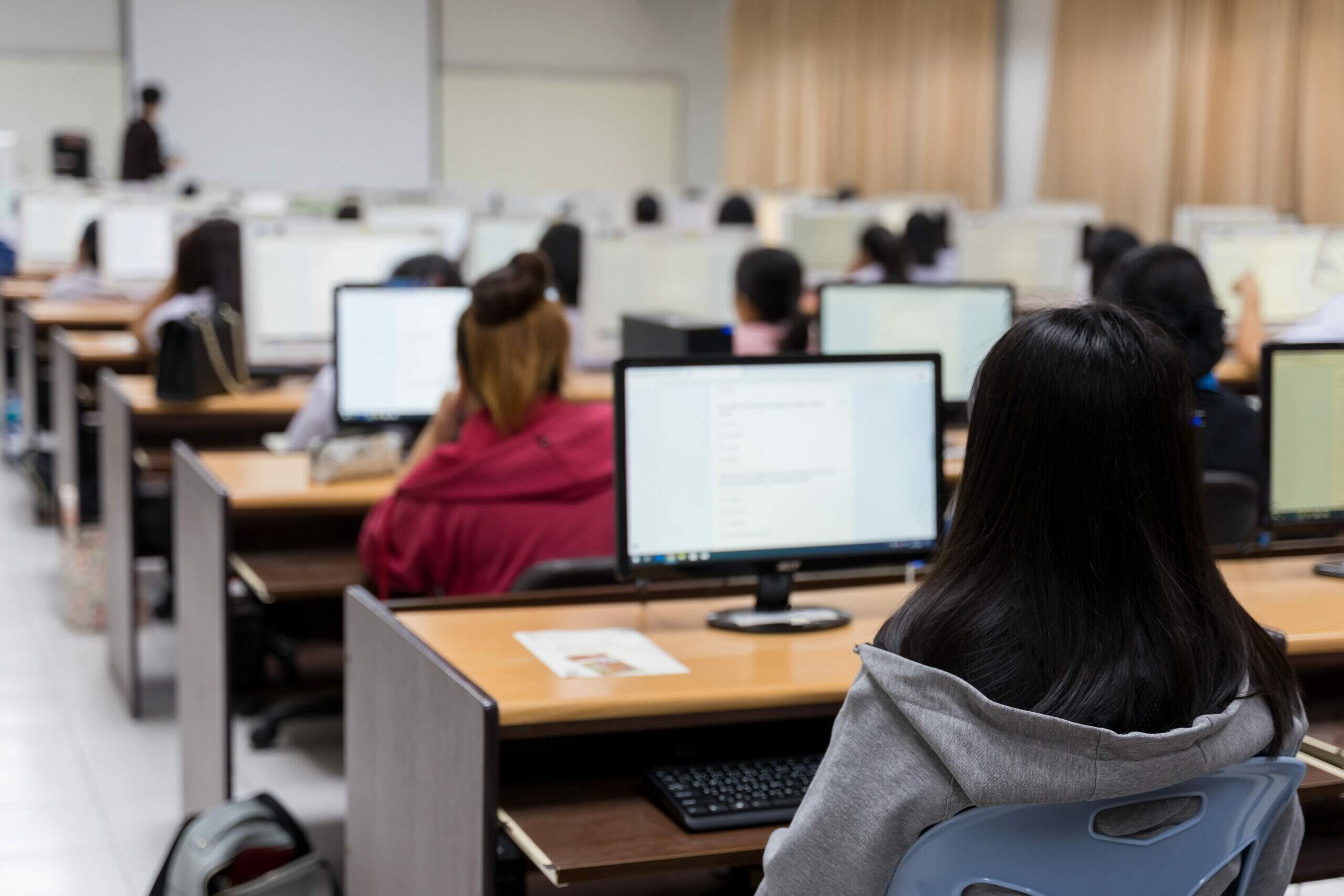 Pessoa fazendo curso de informática em laboratório, aprendendo a usar computador e softwares de produtividade.