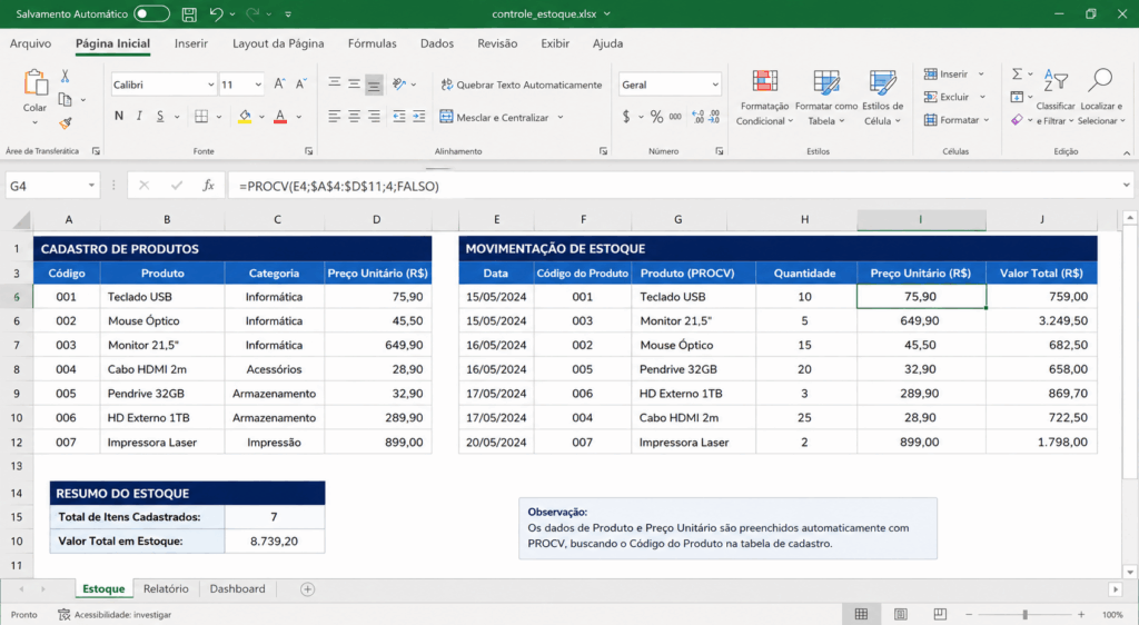 Exemplo de PROCV no Excel buscando informações de um produto a partir do código utilizando tabela de referência.