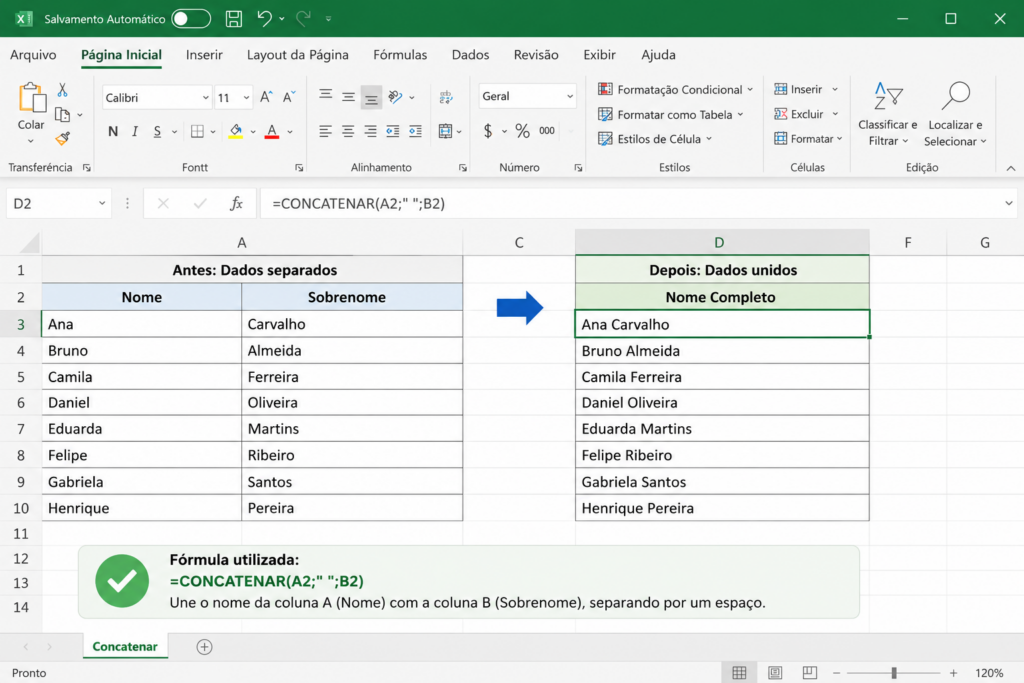 Fórmula CONCATENAR no Excel unindo nome e sobrenome em uma única coluna com exemplo prático de fórmulas Excel.