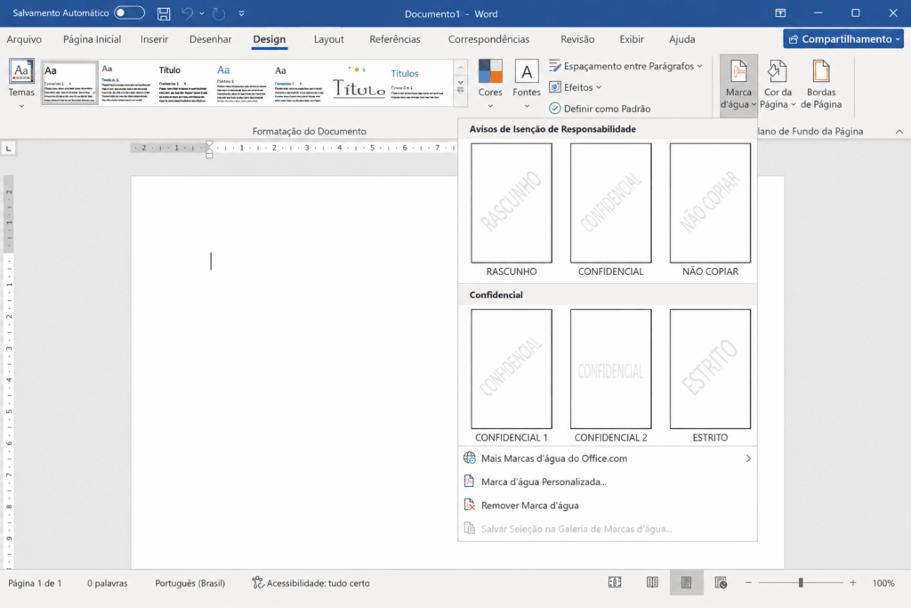 Menu de marca d'água do Microsoft Word exibindo modelos prontos como confidencial, rascunho e estrito.
como colocar marca d'água no Word