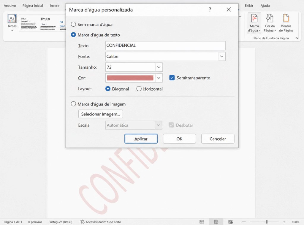 Janela de marca d'água personalizada do Word com opção de imagem selecionada para inserir logotipo como marca d'água.