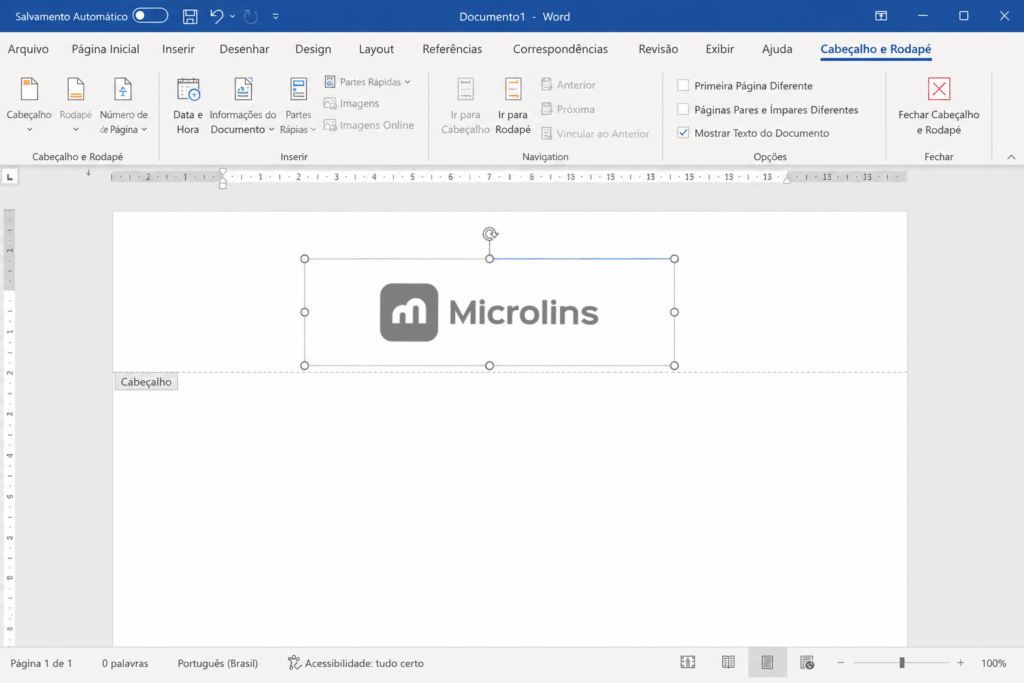 Marca d'água de imagem selecionada no cabeçalho do Microsoft Word para edição e reposicionamento do logotipo.