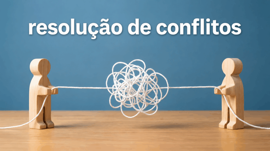 Ilustração sobre resolução de conflitos no trabalho mostrando duas pessoas conectadas por uma corda com um nó, representando desafios de comunicação e estratégias para resolução de conflitos.