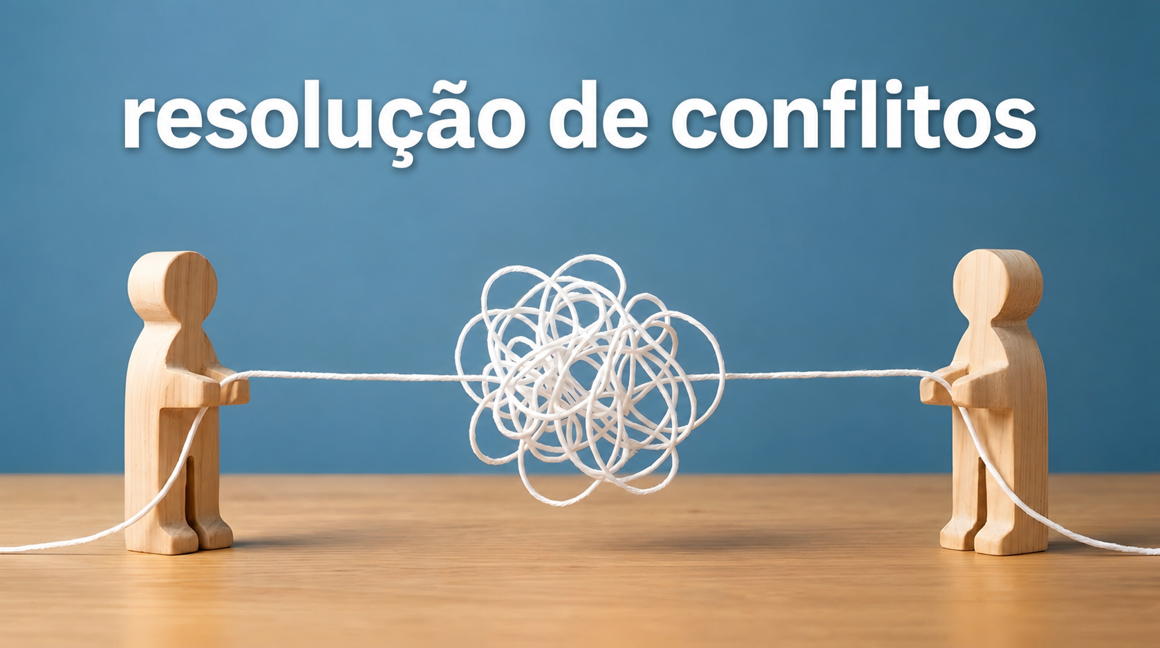 Ilustração sobre resolução de conflitos no trabalho mostrando duas pessoas conectadas por uma corda com um nó, representando desafios de comunicação e estratégias para resolução de conflitos.