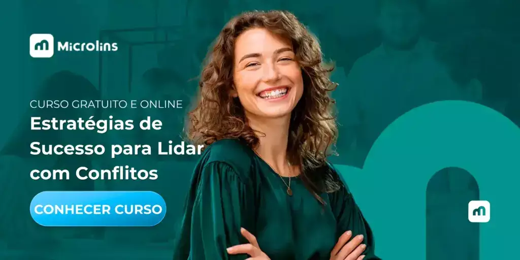 Banner do curso gratuito e online da Microlins com mulher sorridente e texto “Estratégias de Sucesso para Lidar com Conflitos”, destacando “Comunicação interpessoal” e botão “CONHECER CURSO”.
