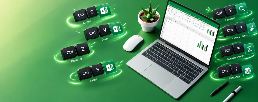 Atalhos do Excel: notebook com planilha eletrônica e teclas de atalho para copiar, colar, desfazer, salvar, localizar e formatar células.