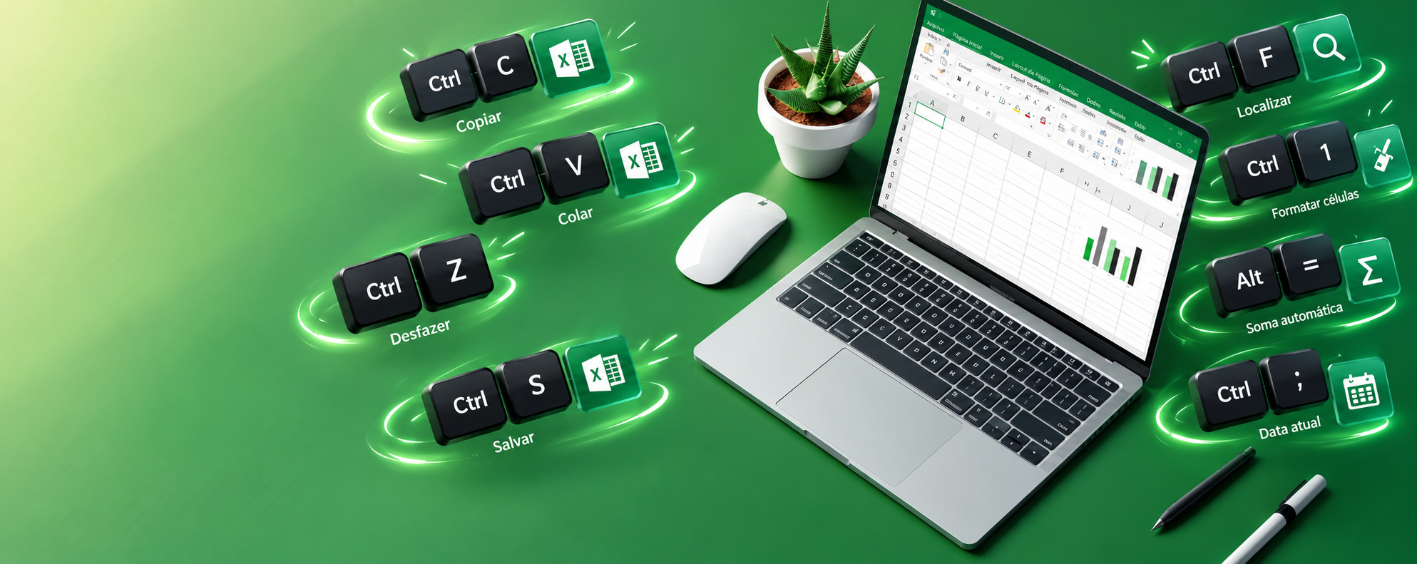 Atalhos do Excel: notebook com planilha eletrônica e teclas de atalho para copiar, colar, desfazer, salvar, localizar e formatar células.