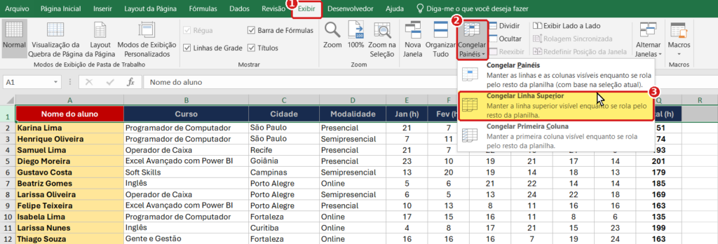 Como congelar linha no Excel: menu Exibir > Congelar Painéis com a opção Congelar Linha Superior selecionada