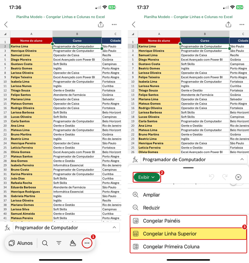 App do Excel no iPhone: botão de três pontos e menu Exibir com as opções Congelar Painéis, Congelar Linha Superior e Congelar Primeira Coluna