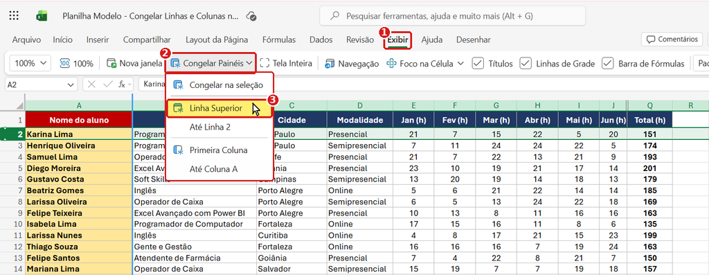 Congelar painéis no Excel para a web: menu com as opções Congelar na seleção, Linha Superior, Primeira Coluna, Até Linha e Até Coluna