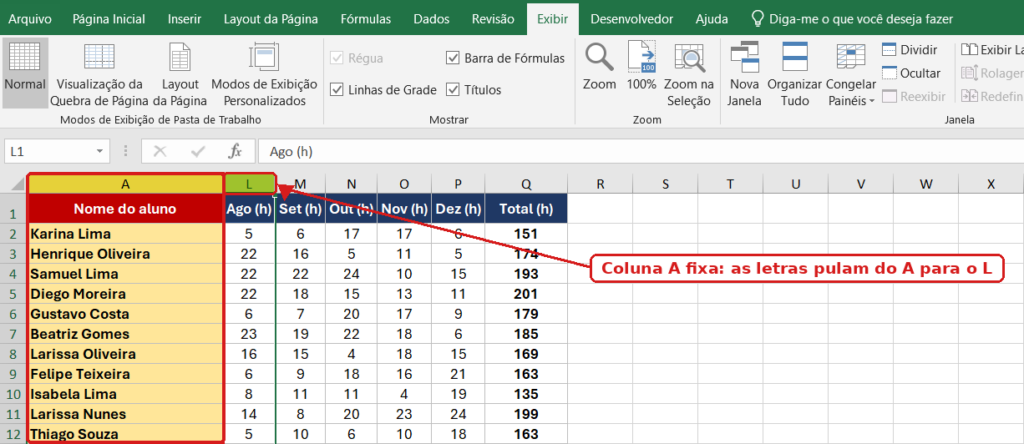 Planilha do Excel com a coluna A congelada: ao rolar para a direita, as letras pulam da coluna A para a L