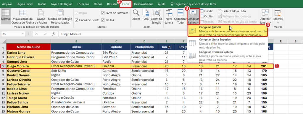 Linha 5 selecionada no Excel e menu Congelar Painéis com a opção Congelar Painéis em destaque