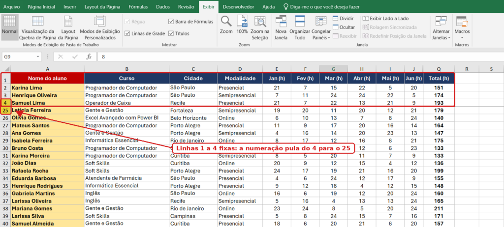 Planilha do Excel com as linhas 1 a 4 congeladas: a numeração pula da linha 4 para a 25