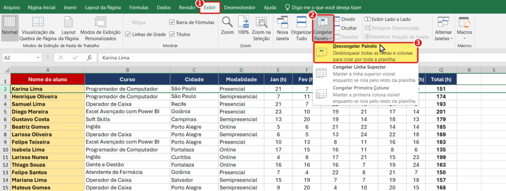 Menu Congelar Painéis do Excel com a opção Descongelar Painéis em destaque
